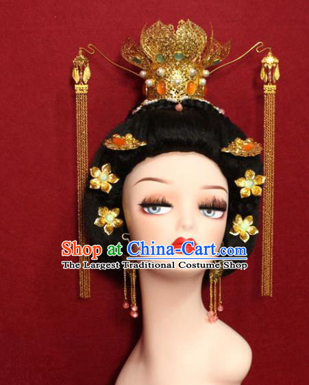 Traditional Chinese Ancient Empress Gems Phoenix Coronet Handmade Hair Jewelry Golden Lotus Hair Accessories Hairpins Complete Set for Women