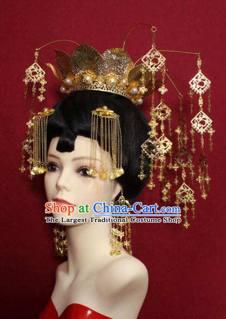 Traditional Chinese Ancient Empress Golden Lotus Phoenix Coronet Hair Crown Handmade Hair Jewelry Hairpins Hair Accessories for Women