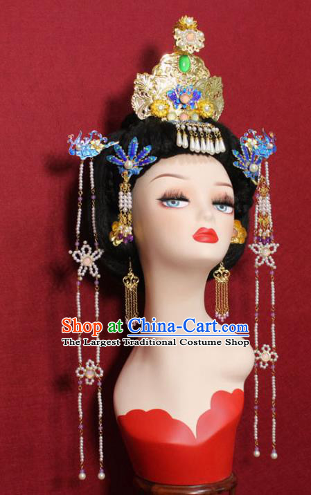 Traditional Chinese Ancient Queen Cloisonne Phoenix Coronet Hair Crown Handmade Hair Jewelry Hairpins Golden Hair Accessories for Women