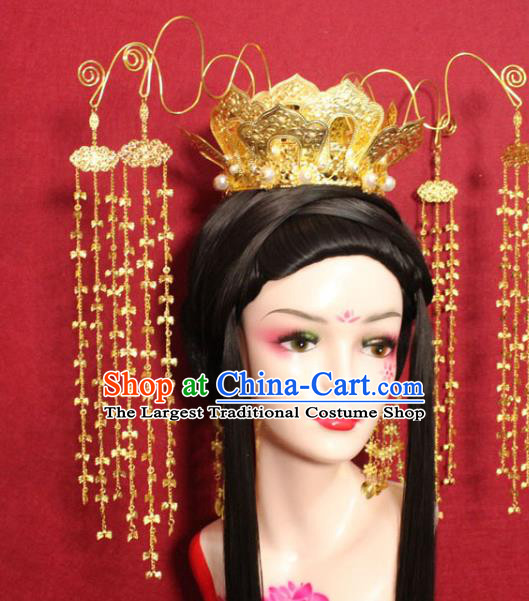 Traditional Chinese Ancient Empress Hair Accessories Golden Lotus Tassel Phoenix Coronet Handmade Hair Jewelry Hair Fascinators for Women