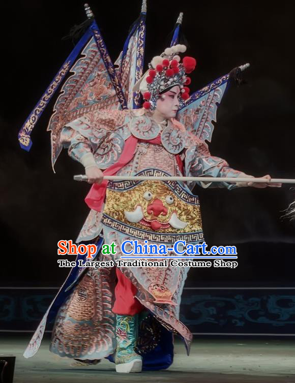 Shuang Ba Lang Chinese Sichuan Opera General Apparels Costumes and Headpieces Peking Opera Wusheng Garment Martial Male Armor Clothing with Flags