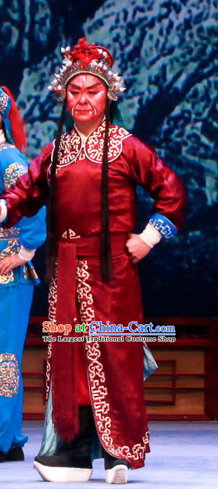 Shao Gu Ji Chinese Ping Opera Wusheng Red Garment Costumes and Headwear Pingju Opera Martial Male Apparels Clothing