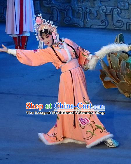 Chinese Sichuan Opera Young Lady Garment Costumes and Hair Accessories Qing Yun Palace Traditional Peking Opera Xiaodan Jin Yue E Orange Dress Apparels