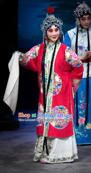 Chinese Beijing Opera Diva Liang Hongyu Apparels Costumes and Headpieces Traditional Peking Opera Mrs Anguo Hua Tan Red Dress Garment