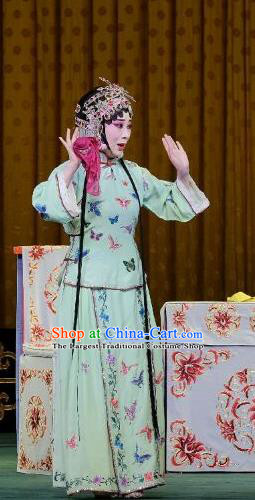 Chinese Beijing Opera Young Lady Apparels Costumes and Headpieces Traditional Peking Opera Yu Bei Pavilion Xiaodan Wang Shuying Green Dress Garment