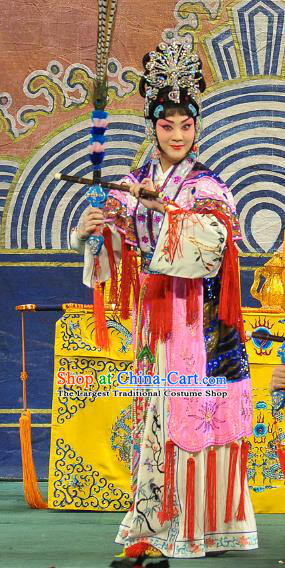 Chinese Beijing Opera Swordswoman Xi Shi Apparels Costumes and Headdress Traditional Peking Opera Actress Pink Dress Garment