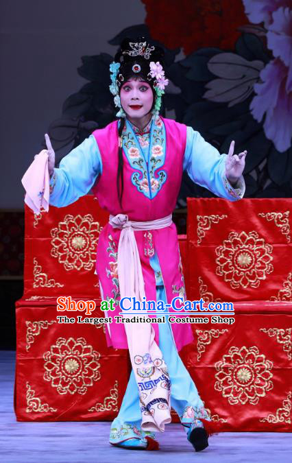 Chinese Beijing Opera Young Lady Apparels Costumes and Headdress The Unicorn Purse Traditional Peking Opera Servant Girl Mei Xiang Dress Garment