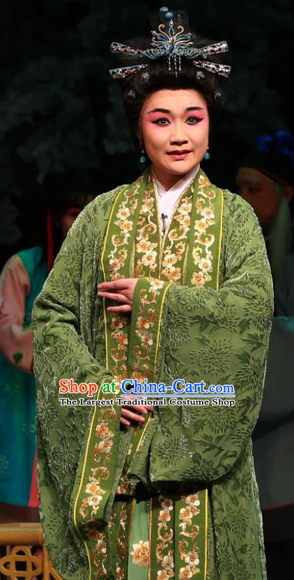 Chinese Beijing Opera Royal Dame Apparels Costumes and Headpieces Zhen Guan Flourishing Age Traditional Peking Opera Elderly Female Green Dress Garment