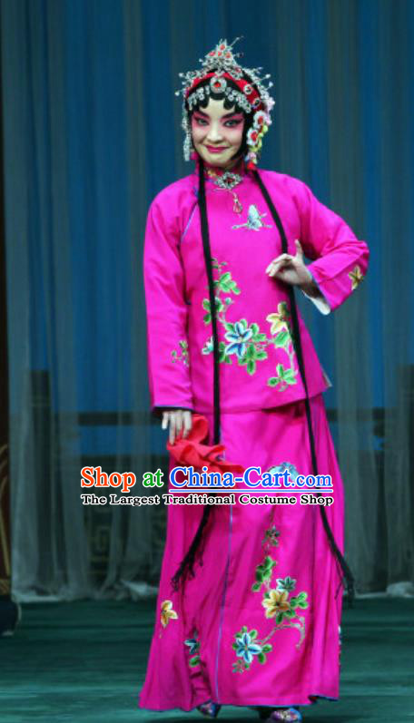 Chinese Beijing Opera Treacherous Woman Apparels Costumes and Headdress The Mirror of Fortune Traditional Peking Opera Consort Rosy Dress Actress Garment