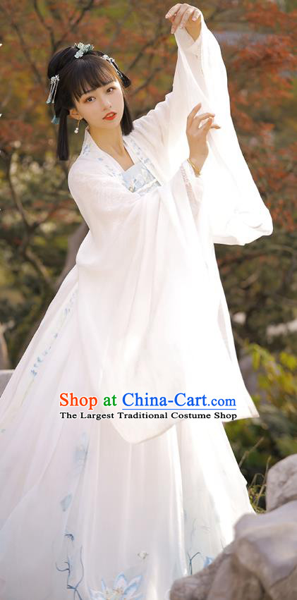 Chinese Traditional Tang Dynasty Royal Princess Apparels Historical Costumes Ancient Court Lady Embroidered White Hanfu Dress for Women