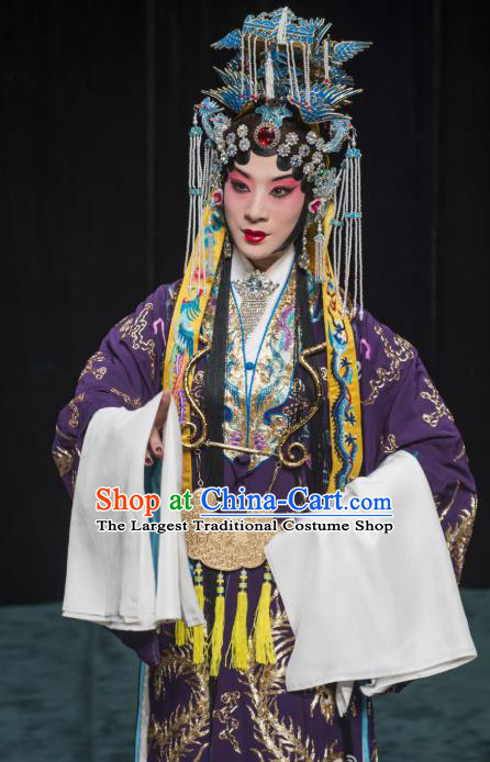 Chinese Beijing Opera Hua Tan Apparels Costumes and Headdress Anecdote of Wu Zetian Traditional Peking Opera Empress Purple Dress Queen Garment