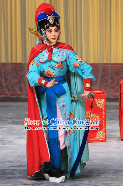 Chinese Beijing Opera Swordswoman Apparels Costumes and Headdress Kirin Pavilion Traditional Peking Opera Martial Female Blue Dress Diva Garment