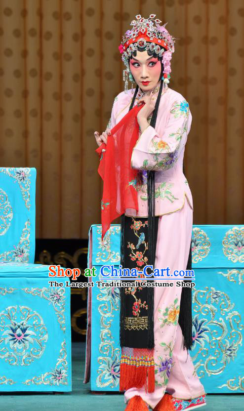 Chinese Beijing Opera Young Lady Pink Apparels Costumes and Headdress Wu Long Yuan Traditional Peking Opera Consort Yan Xijiao Dress Actress Garment