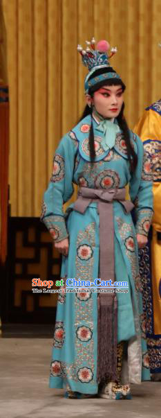 Tun Wu Hen Chinese Peking Opera Wusheng Young Male Garment Costumes and Headwear Beijing Opera Martial Man Apparels Takefu Blue Clothing