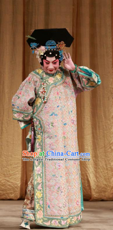 Chinese Beijing Opera Qing Dynasty Woman Apparels Costumes and Headdress Mei Yu Pei Traditional Peking Opera Actress Han Cuizhu Dress Garment