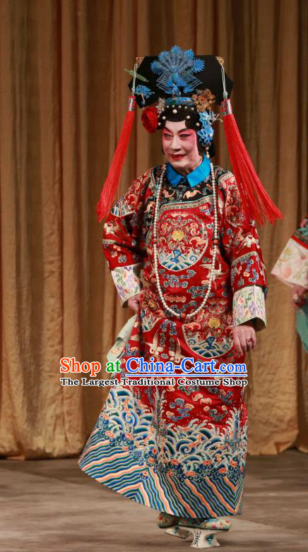 Chinese Beijing Opera Noble Mistress Han Cuizhu Apparels Diva Costumes and Headdress Mei Yu Pei Traditional Peking Opera Hua Tan Dress Qing Dynasty Red Garment