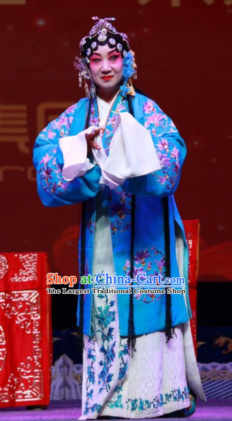 Chinese Shanxi Clapper Opera Hua Tan Blue Garment Costumes and Headdress Qiu Sao Traditional Bangzi Opera Actress Dress Young Mistress Apparels