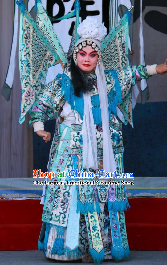 Chinese Shanxi Clapper Opera Martial Female Tao Sanchun Garment Costumes and Headdress Zui Chen Qiao Traditional Bangzi Opera Tao Ma Tan Dress Apparels with Flags