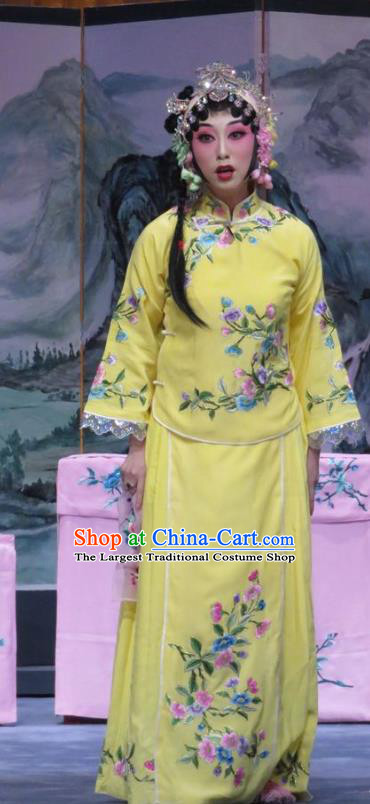 Chinese Hebei Clapper Opera Young Female Garment Costumes and Headdress The Story of Jade Bracelet Traditional Bangzi Opera Actress Yellow Dress Diva Yu Suqiu Apparels