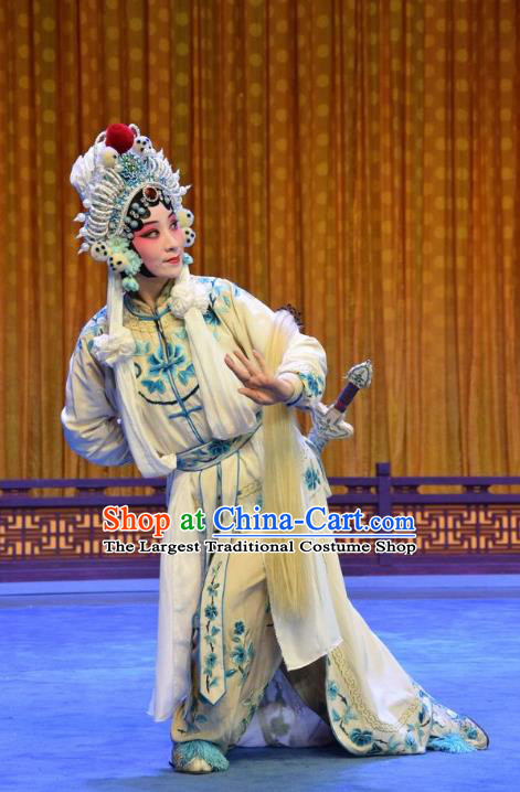 Chinese Jin Opera Martial Female Garment Costumes and Headdress Madam White Snake Traditional Shanxi Opera Swordswoman Dress Actress Bai Suzhen Apparels