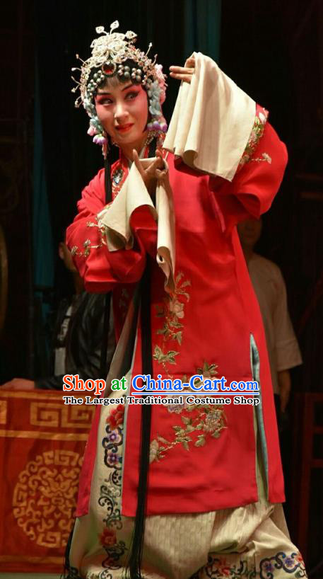 Chinese Jin Opera Hua Tan Red Garment Costumes and Headdress Madam White Snake Traditional Shanxi Opera Actress Dress Bride Bai Suzhen Wedding Apparels