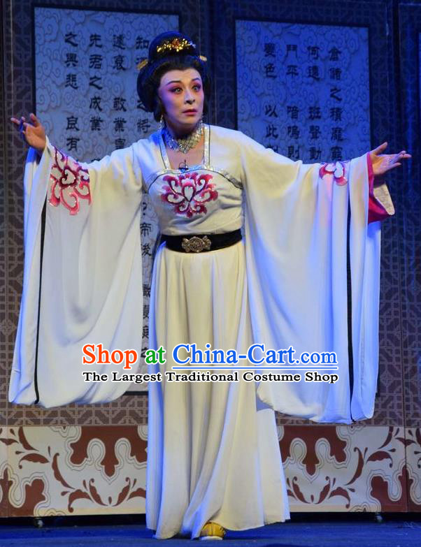 Chinese Jin Opera Noble Queen Garment Costumes and Headdress Madam Ruyi Traditional Shanxi Opera Court Lady White Dress Empress Apparels