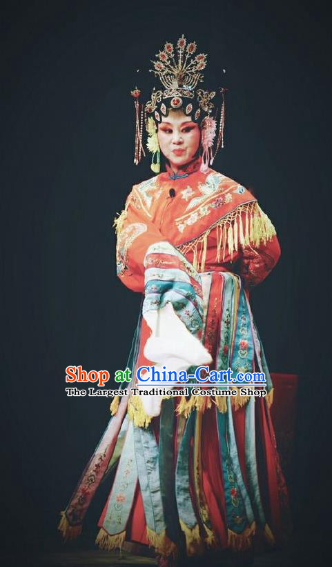 Chinese Jin Opera Royal Empress Garment Costumes and Headdress Traditional Shanxi Opera Court Woman Red Dress Queen Ma Luanying Apparels