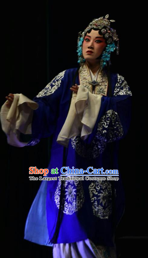 Chinese Jin Opera Rich Concubine Garment Costumes and Headdress Breeze Pavilion Traditional Shanxi Opera Actress Blue Dress Young Female Apparels