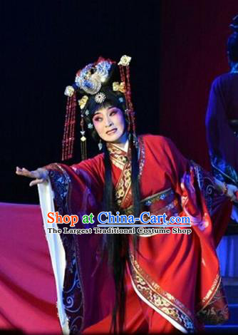 Chinese Jin Opera Hua Tan Garment Costumes and Headdress Zhen Luo Nv Traditional Shanxi Opera Diva Zhen Luo Apparels Actress Red Dress