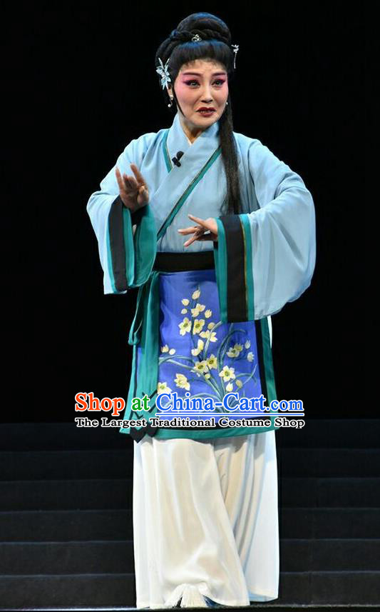 Chinese Jin Opera Country Woman Garment Costumes and Headdress Fan Jin Zhong Ju Traditional Shanxi Opera Young Female Apparels Blue Dress