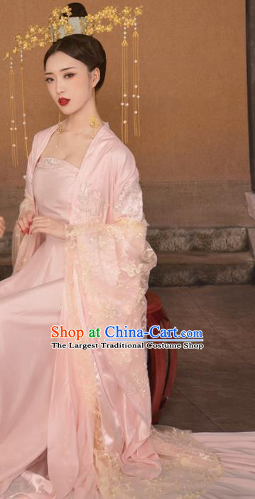 Chinese Drama Ancient Queen Pink Hanfu Dress Apparels Traditional Tang Dynasty Empress Historical Costumes and Headwear for Women