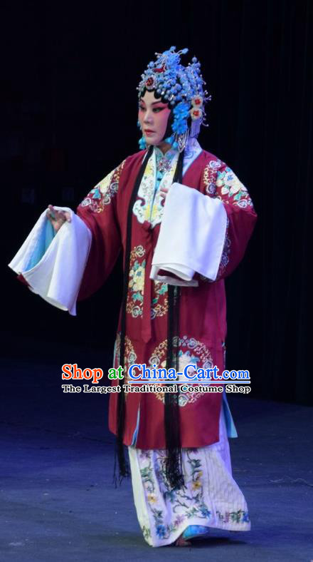 Chinese Jin Opera Diva Garment Costumes and Headdress Mu Guiying Command Traditional Shanxi Opera Actress Apparels Young Mistress Red Dress