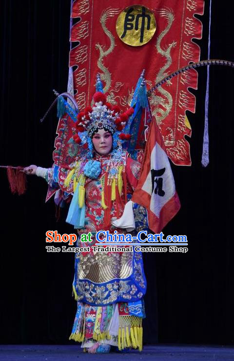 Chinese Jin Opera Tao Ma Tan Garment Costumes and Headdress Mu Guiying Command Traditional Shanxi Opera Blue Apparels Female General Dress with Flags