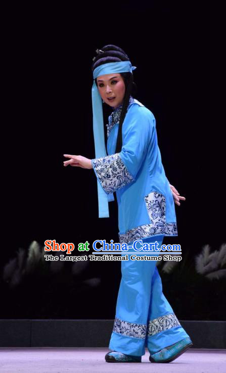 Chinese Jin Opera Distress Female Garment Costumes and Headdress The Legend of Jin E Traditional Shanxi Opera Country Woman Apparels Maid Dress