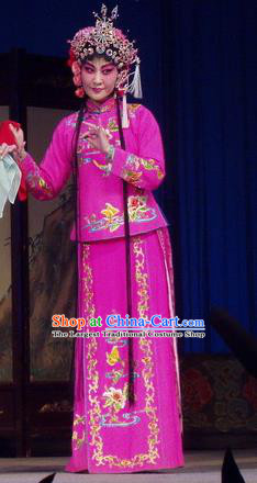 Chinese Henan Opera Young Beauty Garment Costumes and Headdress Pao Bian Jing Traditional Qu Opera Actress Dou Qiaojie Apparels Hua Tan Rosy Dress