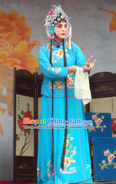 Chinese Henan Opera Young Female Gao Qiufang Garment Costumes and Headdress Feng Xue Pei Traditional Qu Opera Rich Lady Apparels Actress Blue Dress