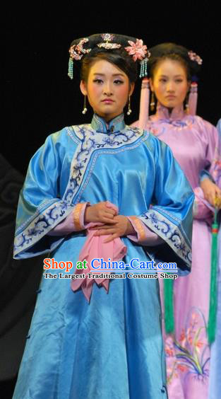 Chinese Beijing Opera Qing Dynasty Garment Costumes and Headdress Under the Red Banner Traditional Qu Opera Actress Apparels Young Female Blue Dress