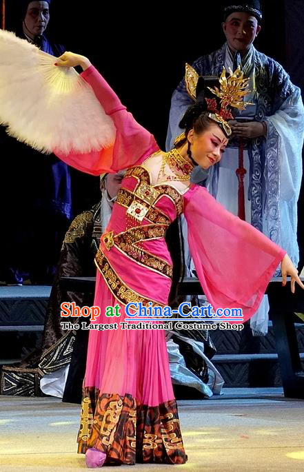 Chinese Han Opera Actress Garment Costumes and Headdress You Meng Yi Guan Traditional Hubei Hanchu Opera Hua Tan Apparels Dance Lady Rosy Dress