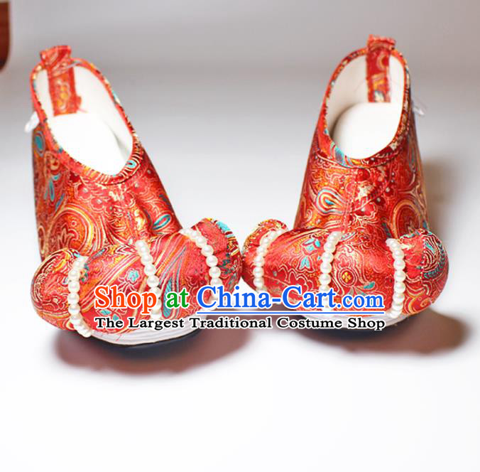 Chinese Traditional Handmade Red Satin Pearls Shoes Women Hanfu Shoes Ancient Princess Shoes Embroidered Shoes