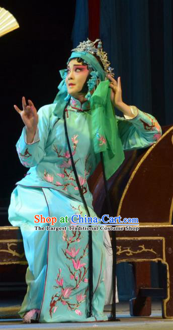 Chinese Han Opera Actress Chen Caifeng Garment Hua Deng An Costumes and Headdress Traditional Hubei Hanchu Opera Hua Tan Apparels Young Beauty Green Dress