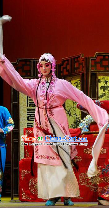 Chinese Han Opera Young Woman Pink Garment Chun Niang Qu Costumes and Headdress Traditional Hubei Hanchu Opera Actress Apparels Diva Wang Chunniang Dress