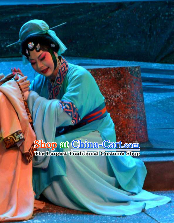 Chinese Han Opera Country Woman Garment Butterfly Dream Costumes and Headdress Traditional Hubei Hanchu Opera Young Female Apparels Blue Dress