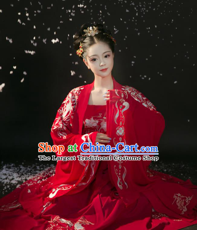 Chinese Ancient Royal Princess Red Dress Traditional Wedding Hanfu Apparels Tang Dynasty Historical Costumes and Headdress Complete Set