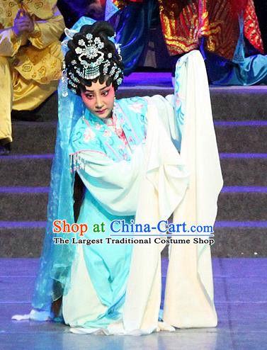 Chinese Cantonese Opera Diva Garment The Peony Pavilion Costumes and Headdress Traditional Guangdong Opera Actress Apparels Hua Tan Du Liniang Blue Dress