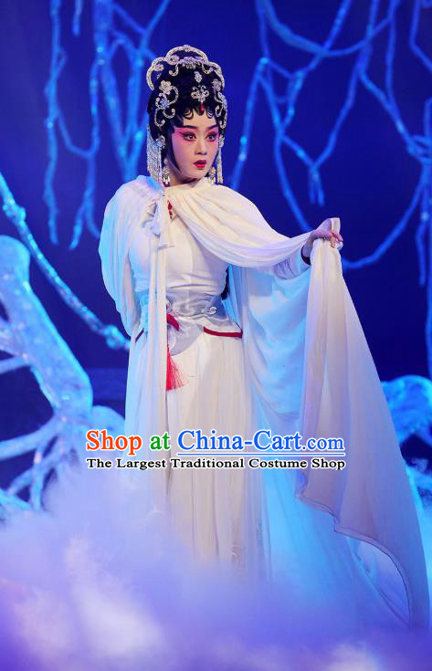 Chinese Cantonese Opera Martial Female Garment The Fairy Tale of White Snake Costumes and Headdress Traditional Guangdong Opera Wudan Apparels Bai Suzhen White Dress