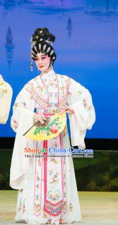 Chinese Cantonese Opera Young Female Garment The Fairy Tale of White Snake Costumes and Headdress Traditional Guangdong Opera Diva Apparels Bai Suzhen Dress