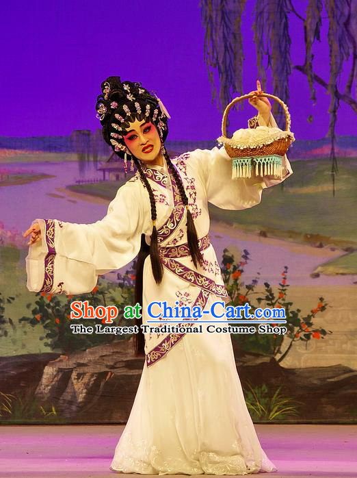 Chinese Cantonese Opera Village Girl Garment Costumes and Headdress Traditional Guangdong Opera Young Beauty Apparels Hua Tan Xi Shi Dress