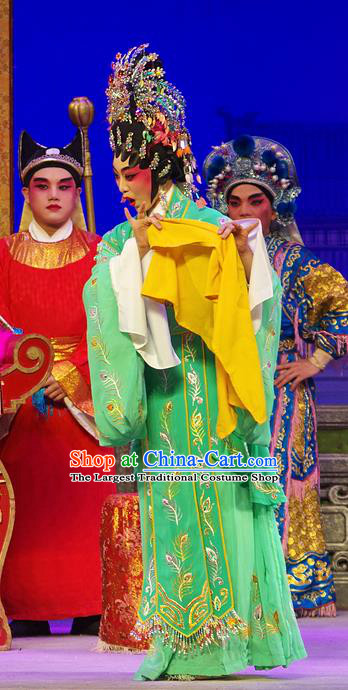 Chinese Cantonese Opera Hua Tan Zheng Dan Garment Costumes and Headdress Traditional Guangdong Opera Imperial Consort Apparels Court Woman Green Dress