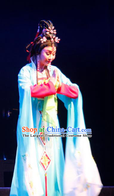 Chinese Cantonese Opera Diva Garment Empress Zhou the Lesser Costumes and Headdress Traditional Guangdong Opera Queen Apparels Hua Tan Blue Dress