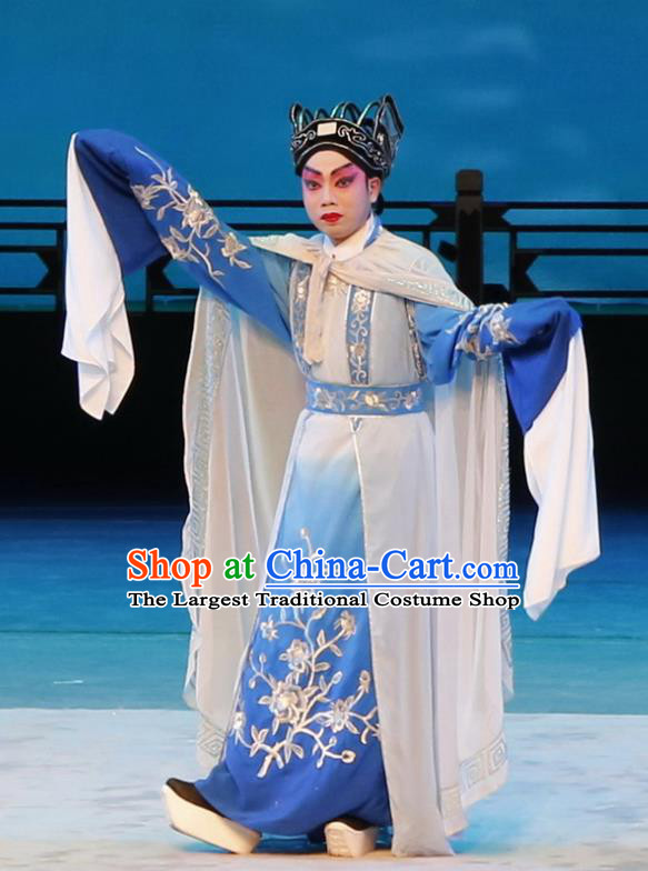 Meng Hui Tai Hu Chinese Guangdong Opera Young Man Fan Li Apparels Costumes and Headpieces Traditional Cantonese Opera Xiaosheng Garment Niche Blue Clothing